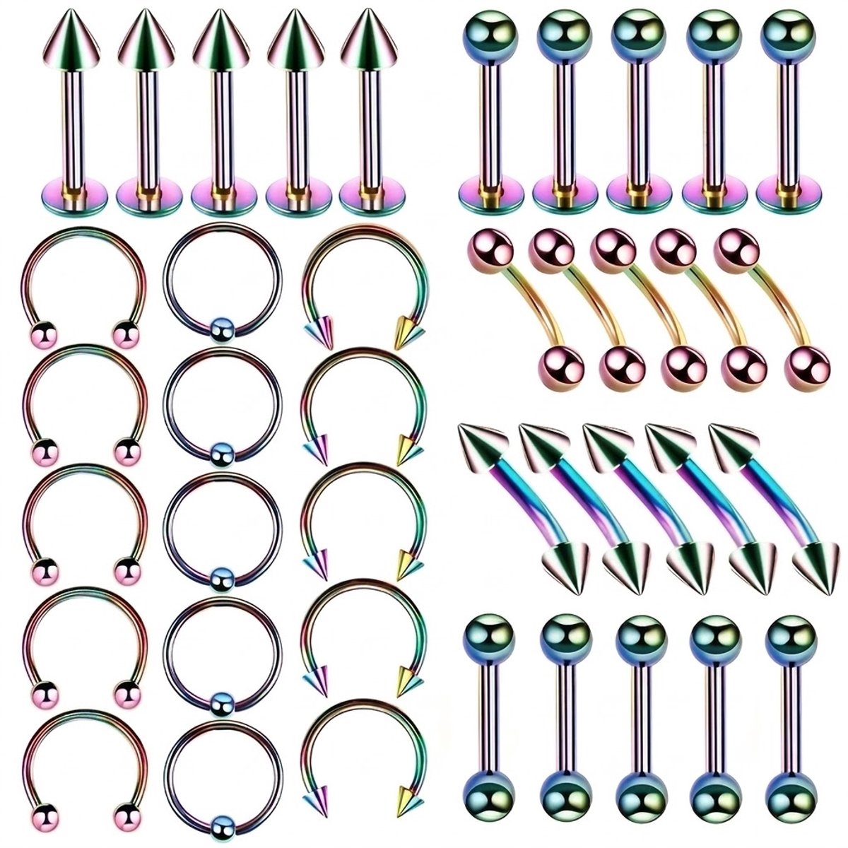 Regenboogkleurige helix piercing set unisex body piercing sieraden neusringen tongringen wenkbrauw piercings lip studs industrial barbell hoefijzer ringen kraakbeen oorbellen 40 stuks roestvrij staal