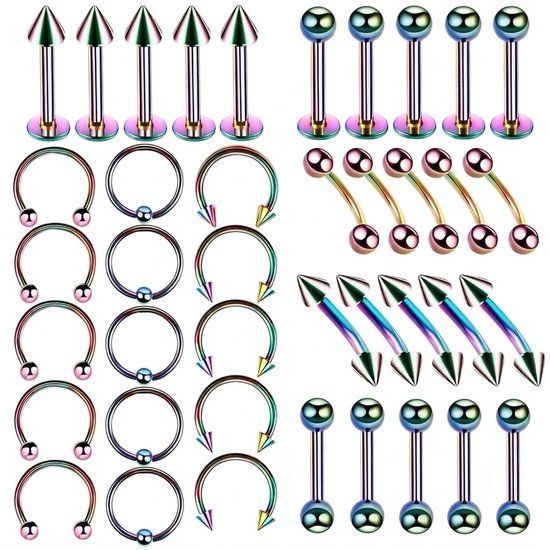 Set met 40 regenboogkleurige piercings: rechte barbells, hoefijzers, ringen, wenkbrauw piercings en lip studs.