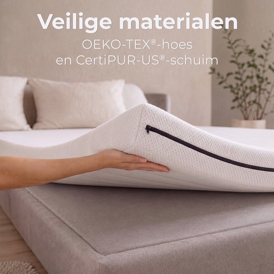 Hand tilt een hoek van een wit matras op met rits, de OEKO-TEX® hoes is zichtbaar.