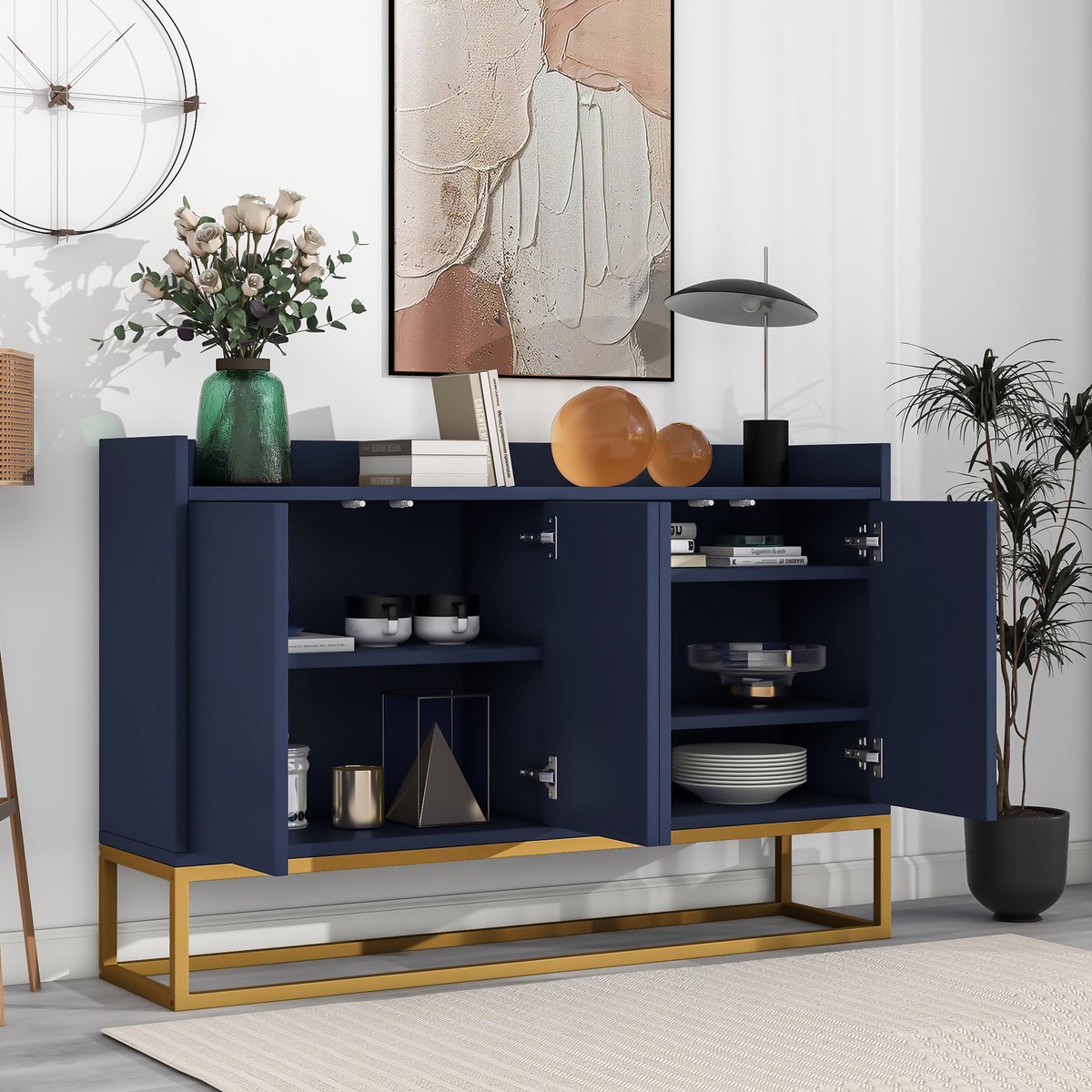 MODFU - Dressoir - 4-Deurs - Greeploos - Navy - Spaanplaat - 120 Cm