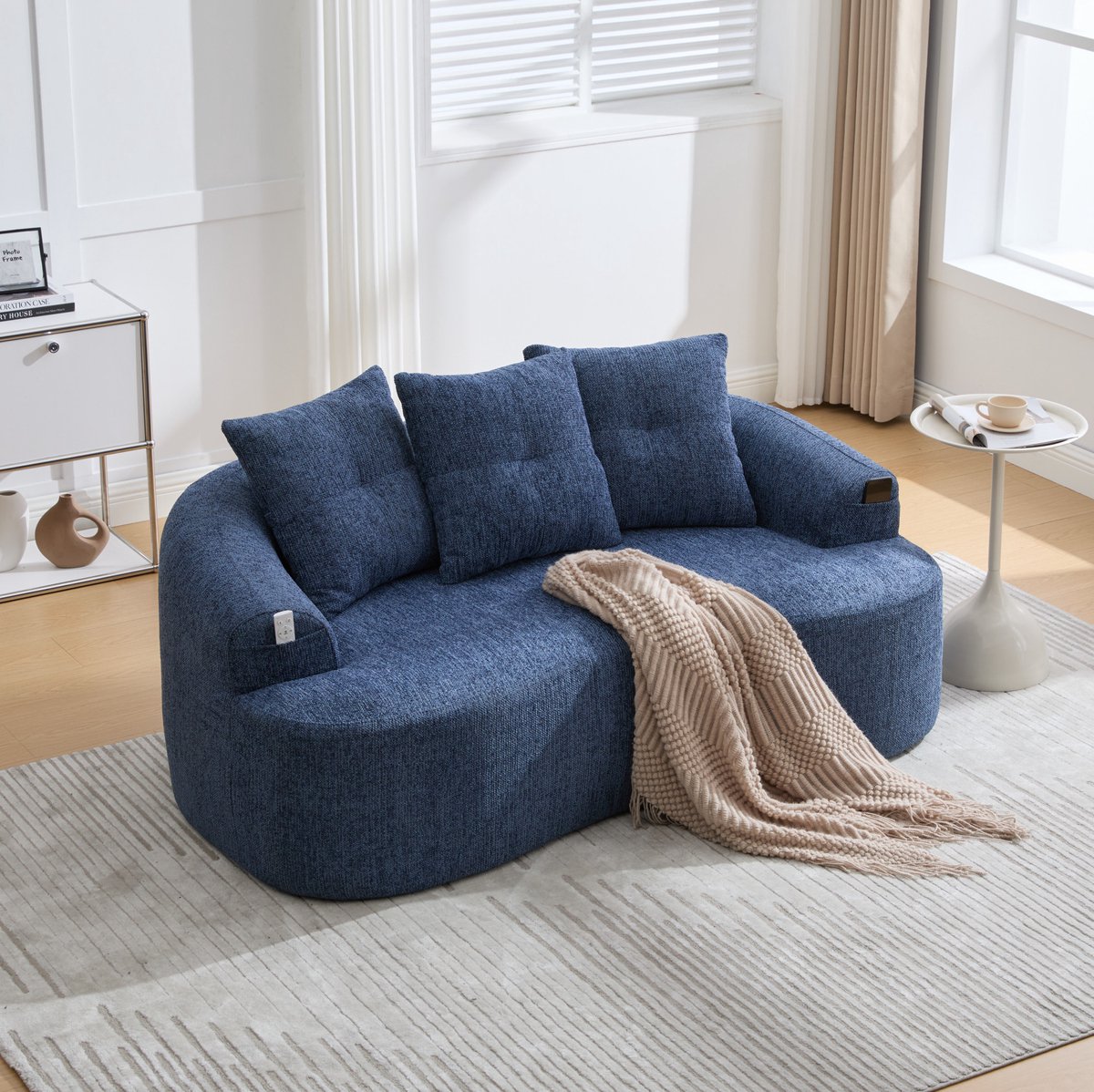MIVRAY Zitbank 164 x 92 x 60 cm - 2-Zits Sofa Met Diepe Zitting en 3 Sierkussens - Voor Woonkamer en Compacte Ruimtes - Chenille Blauw