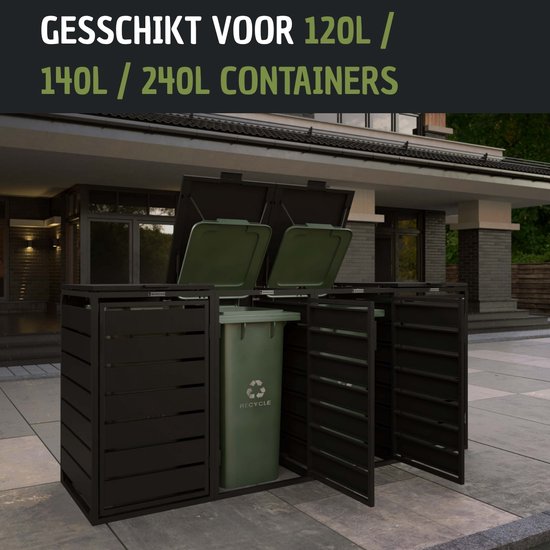 Twee zwarte containerombouwen met open deuren, waarin groene afvalcontainers staan.