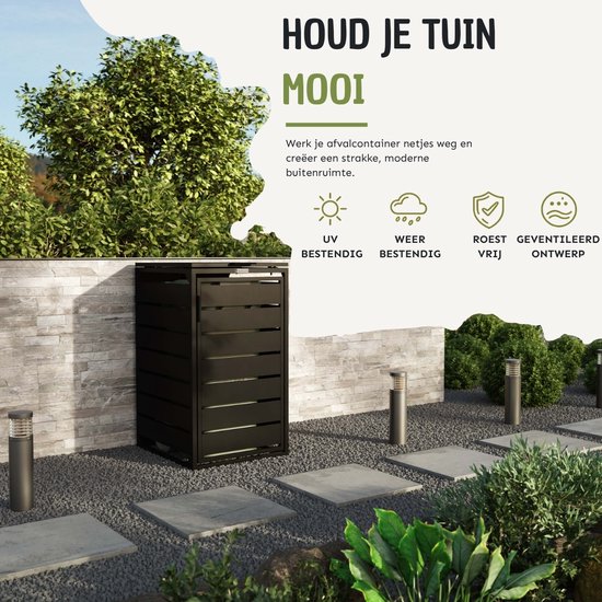 Zwarte containerombouw in een tuin, met icoon voor UV- en weerbestendigheid.