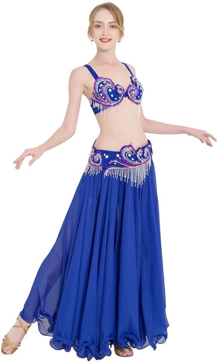 Professionele Belly Dance Outfit voor Vrouwen met Parel Fringes, Sexy Kostuum met Blauwe Bh, Ceintuur en Rok voor Optredens