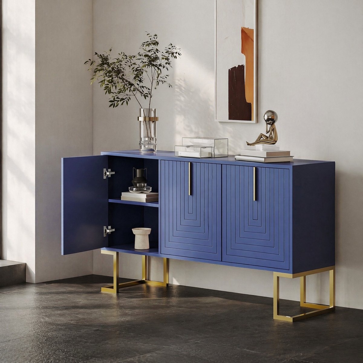 COVREO Dressoir 138 x 40 x 80,5 cm - 3-deurs, verstelbare planken, navy blue