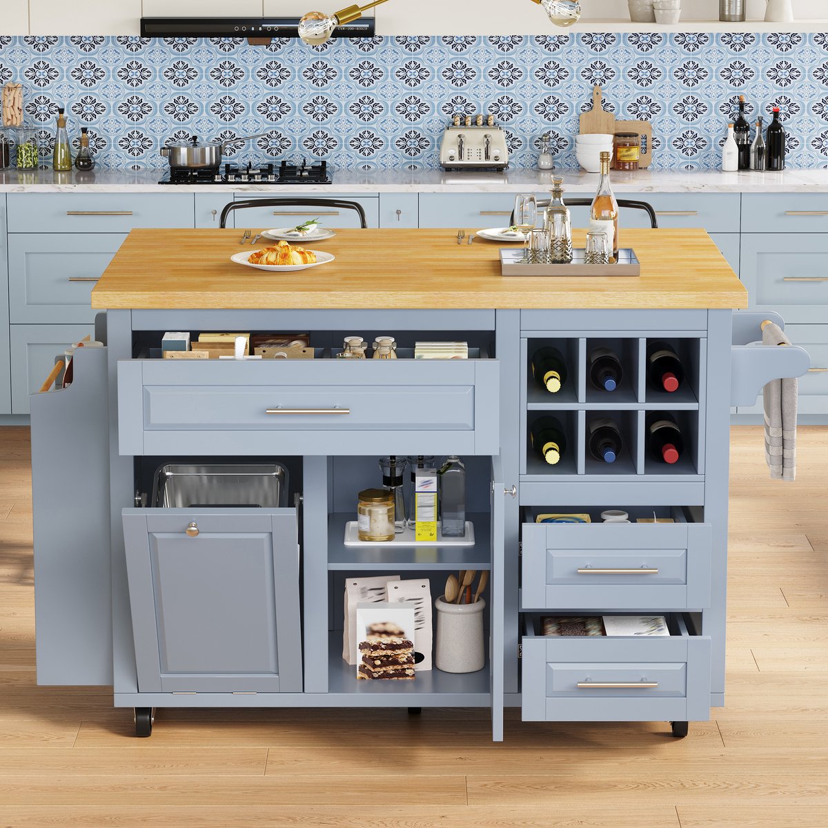 COVREO Keukenwagen keukeneiland 143 x 75 x 91 cm - opklapbaar, lades, wijnrek, blauw