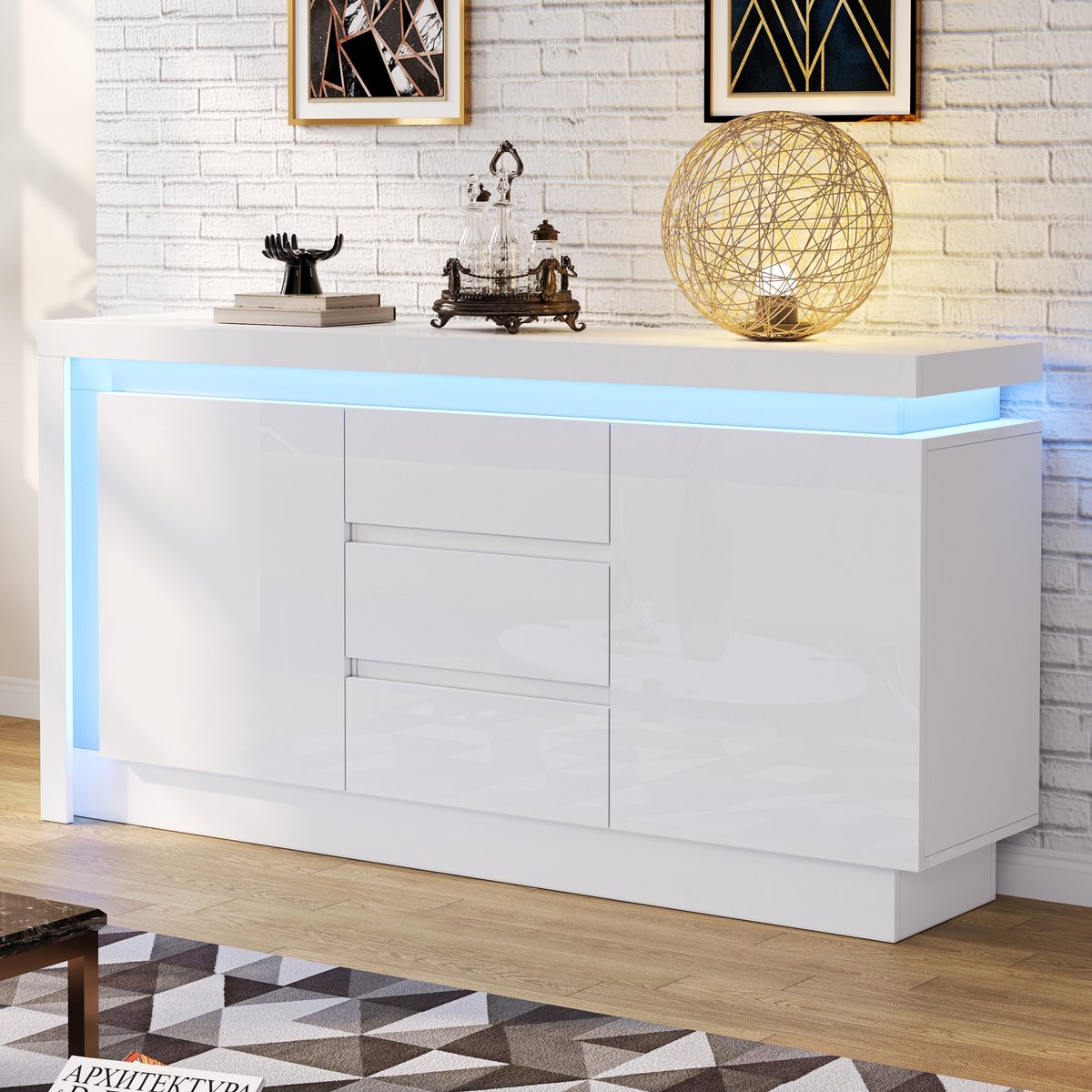 COVREO Dressoir 140 x 35 x 72 cm - 3 lades, 2 deuren, verstelbare planken, LED, wit