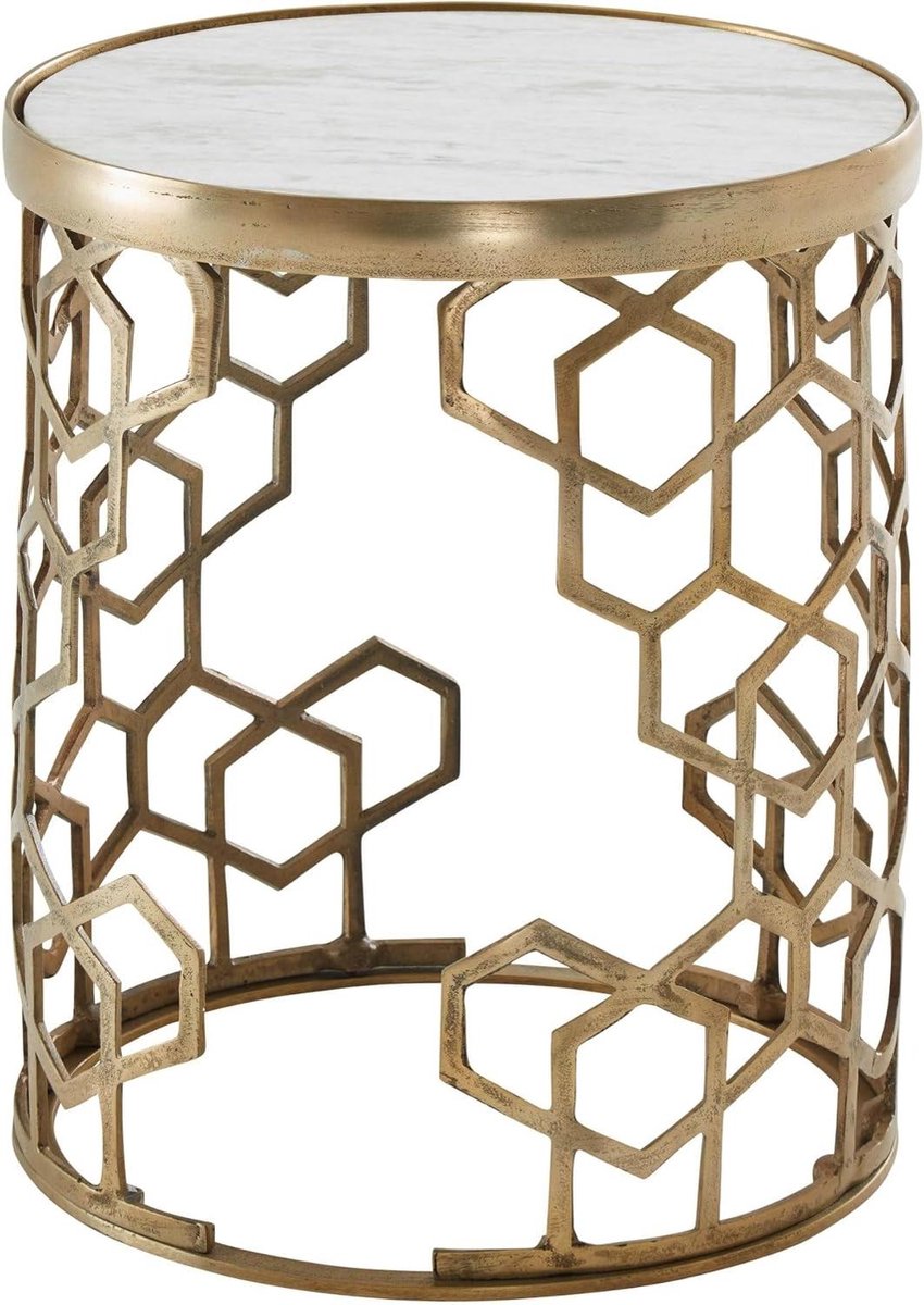 Bijzettafel Marmer Metaal - Salontafel Ronde Tafel - Woonkamer Decoratie - Echt Marmer Tafelblad - 46x46x55 cm - Wit Goud