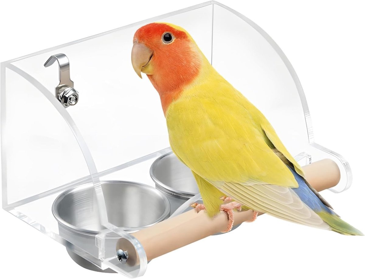 Transparante vogelvoederdispenser met waterbak, roestvrij staal, antislip standaard, ideaal voor papegaaien en andere vogels, eenvoudig bij te vullen en schoon te maken