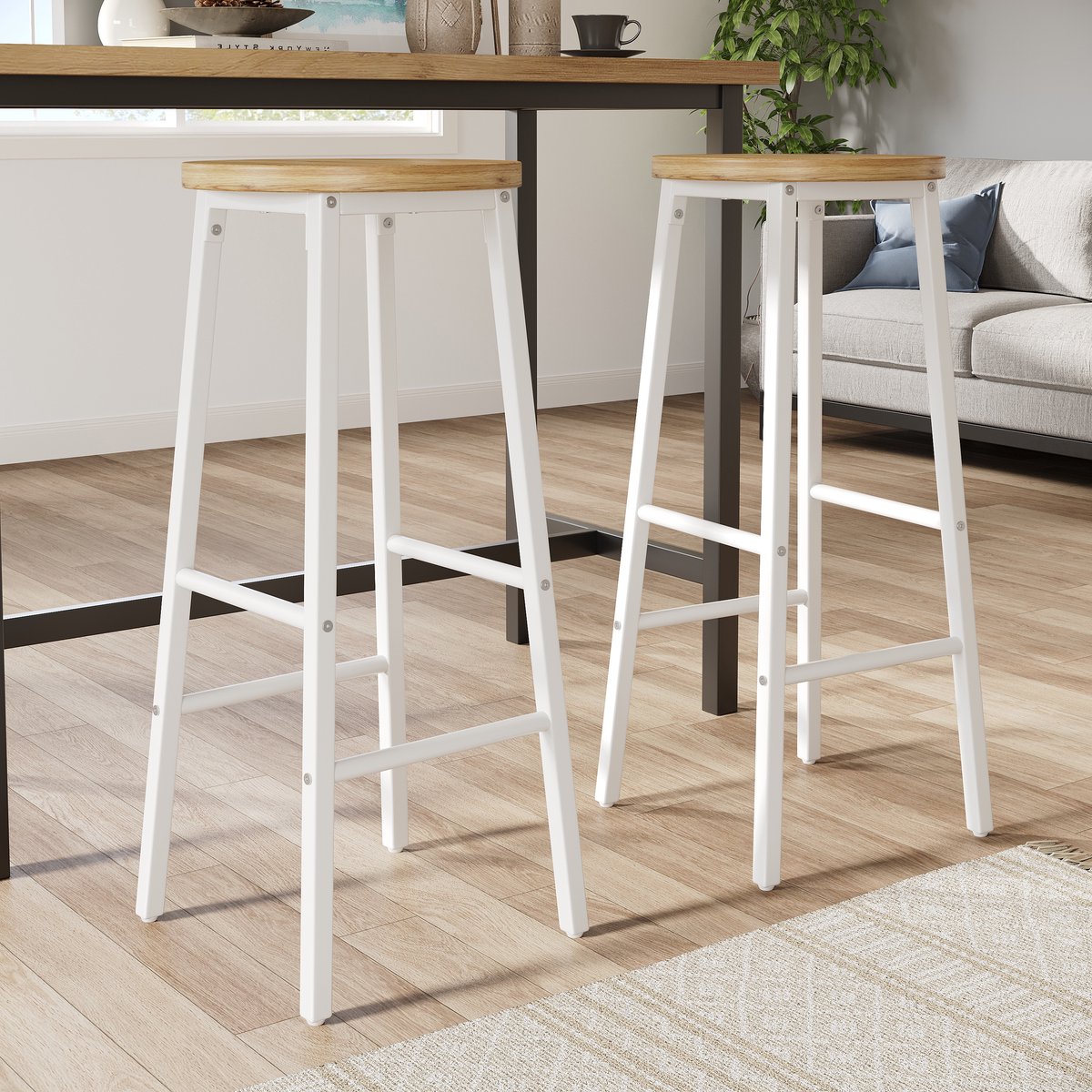 HAUSS SPOLE Barkruk - Set Van 2 - Met Houtlook Zitting, Twee Voetsteunen En Verstelbare Voeten - Voor Keukeneiland En Bar - Wit Metaal