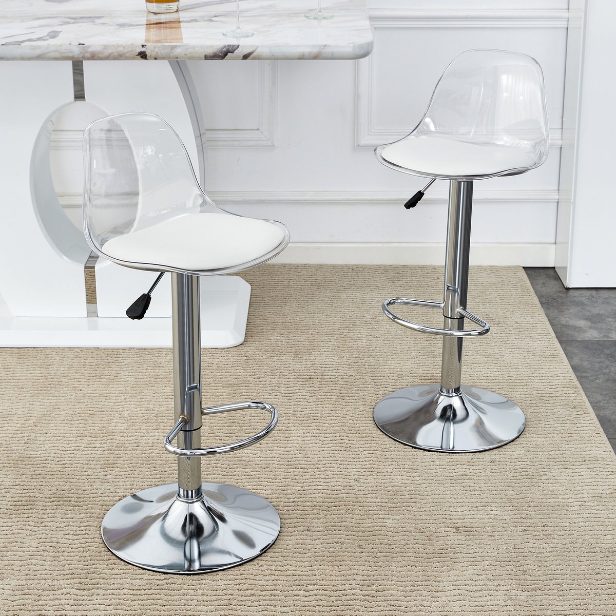 DESMIU Barkruk 82-104 Cm - Verstelbaar En 360 Graden Draaibaar - Voor Thuisbar En Commerciele Bar - Kunststof En Metaal - Wit Zilver