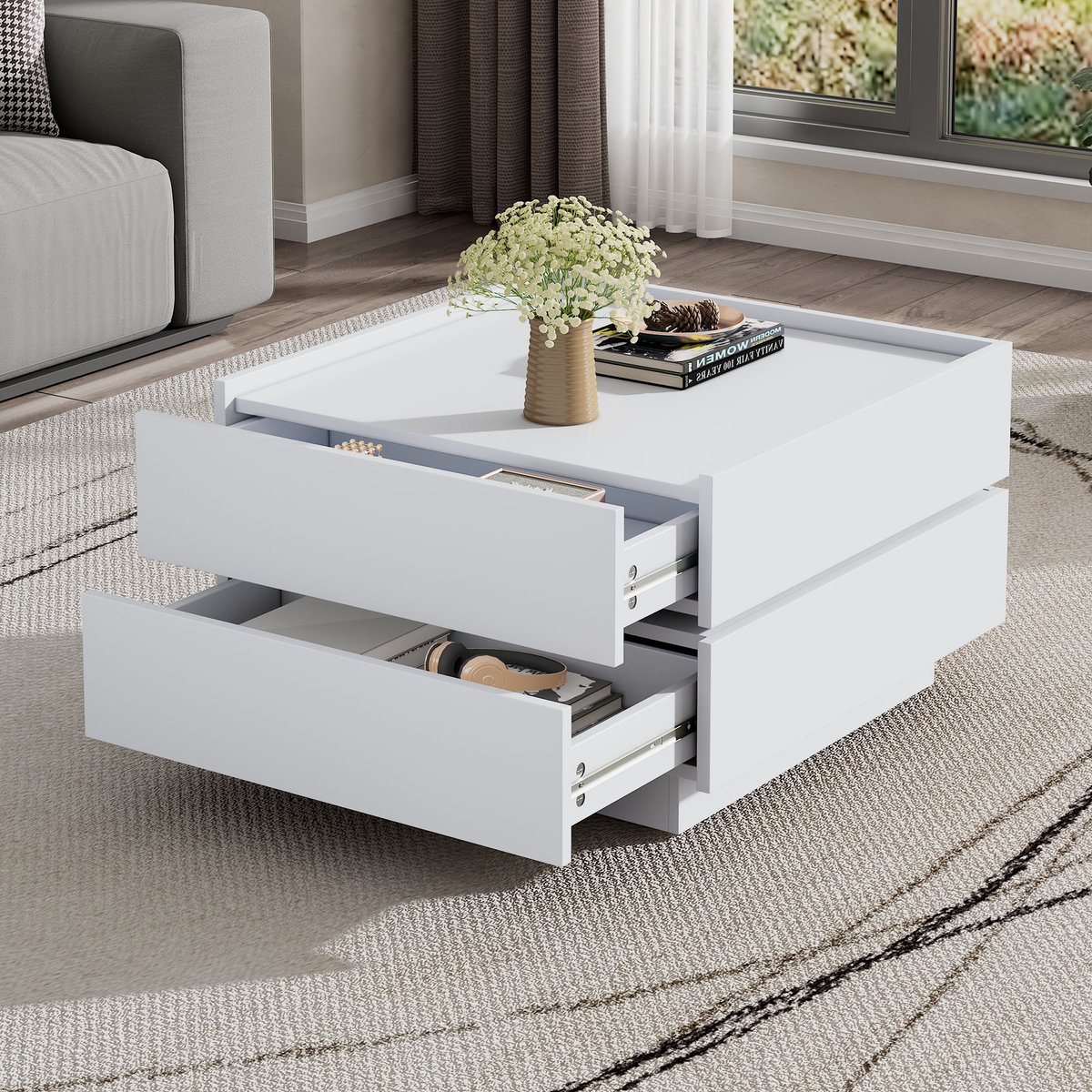 FloraGrace Salontafel - 360 Graden Draaibaar Met 2 Lades En Opbergruimte - Voor Woonkamer Of Lounge - Spaanplaat - 60x60x38 Cm - Wit
