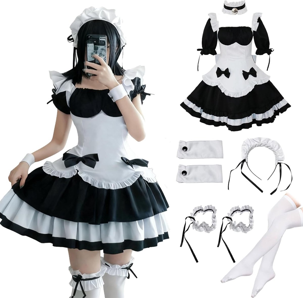 Schattige Anime Franse Dienstmeisjesjurk met Witte Kousen voor Cosplay en Halloween Feesten, Rimpelstrik en Rolspel Outfit
