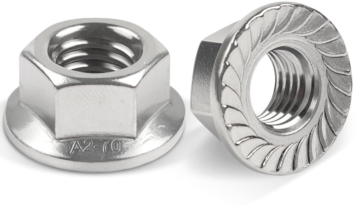 Set van 10 M10 Flensmoeren van RVS DIN 6923 - Locking Nuts, Serrated Hex Nuts voor Fietsonderhoud en Mechanische Toepassingen