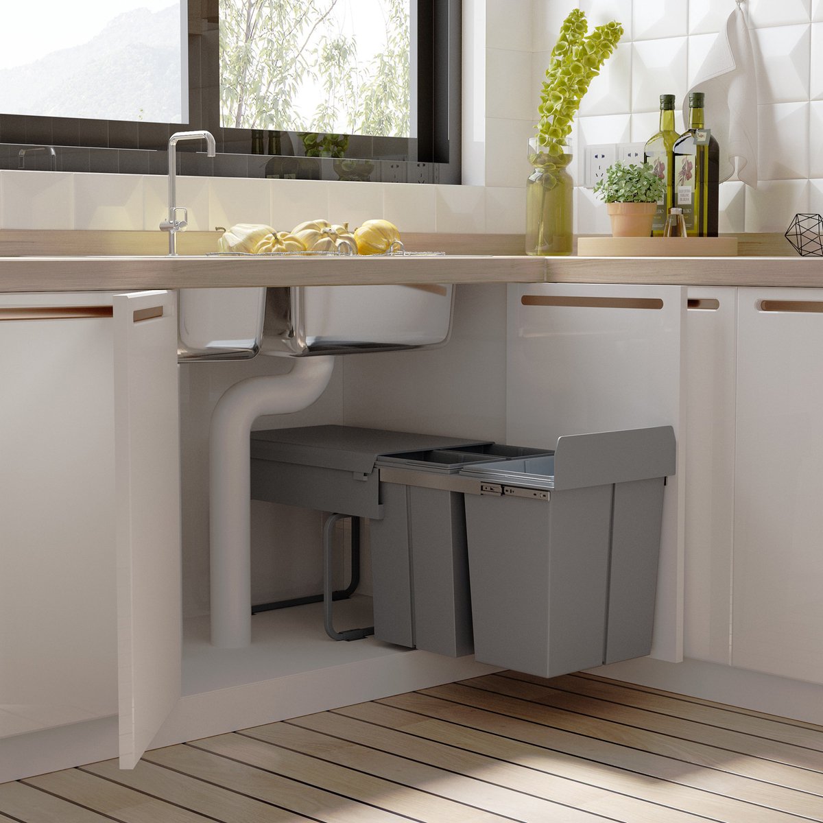 MIVRAY Inbouwprullenbak – 40 L Uittrekbaar Met 3 Vakken – 48 x 34,2 x 41,8 cm – Plastic – Grijs – Voor Onderkast In De Keuken