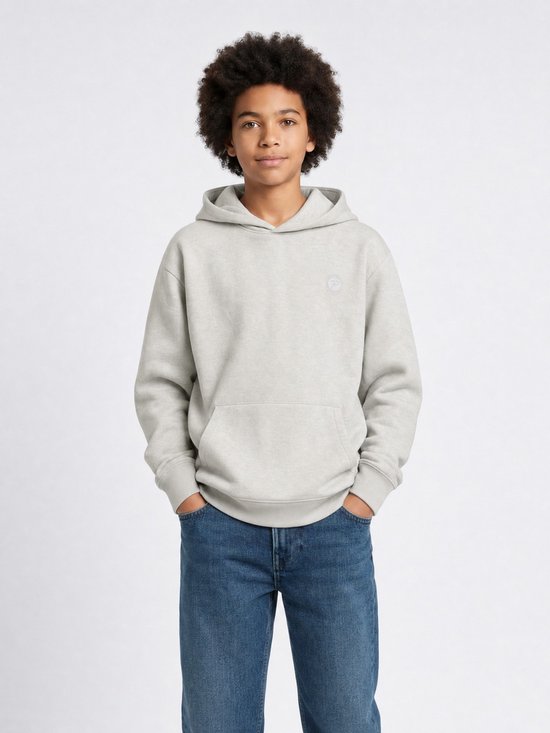 Jongen draagt een lichtgrijze hoodie met capuchon, kangoeroezak en een subtiel Petrol-logo op de borst.