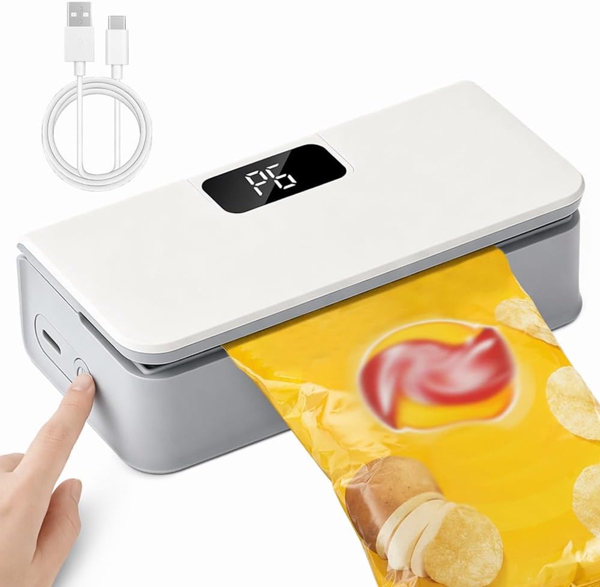 Mini vacuümsealer - Koffiesealer - Kleine verpakkingssealer - Snacksealer - Oplaadbare 2-in-1 mini vacuümsealer - Verborgen snijder - Draagbare snackvacuümsealer - Compact - Inclusief oplaadkabel - 6 standen - Wit - 12,5*6,3*4 cm
