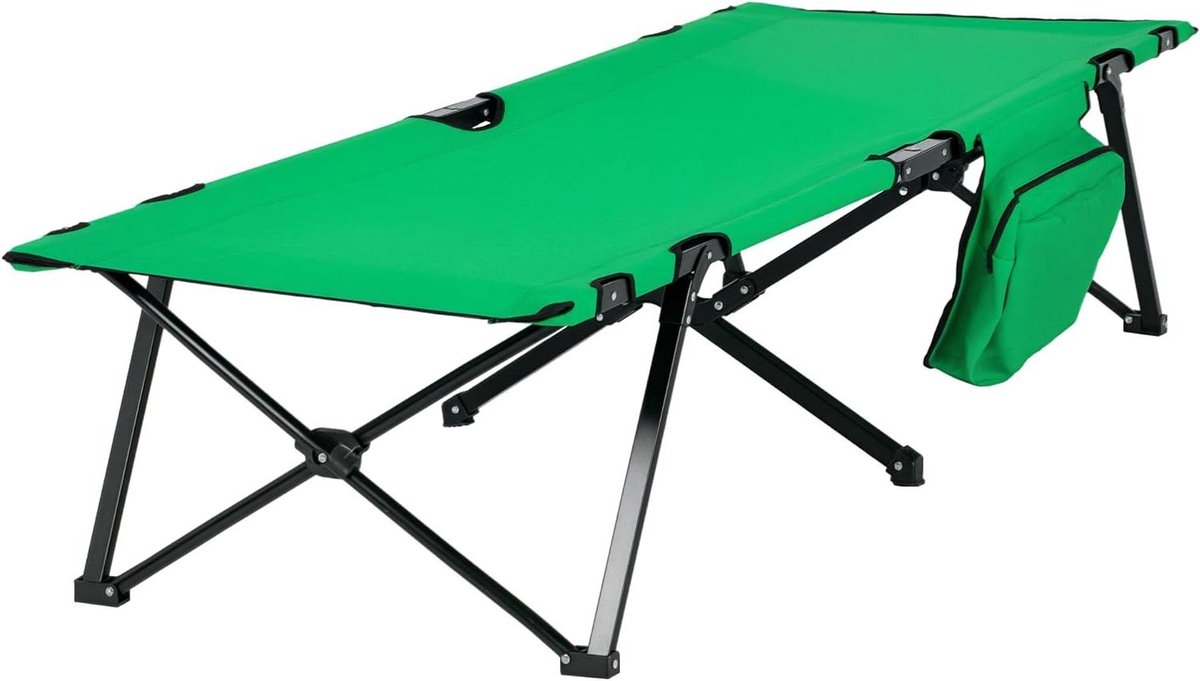 Campingbed Opklapbaar - Veldbed Inklapbaar - Buiten Ontspannen - Met Zijvak Bekerhouder - 200 x 73 cm - Groen Zwart
