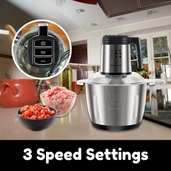 Foodprocessor - Elektrische Hakmolen - 1000W - 5 Liter RVS Kom - 3 Snelheden - 6 Messen - Zilver van Comfy Nest — afbeelding 2
