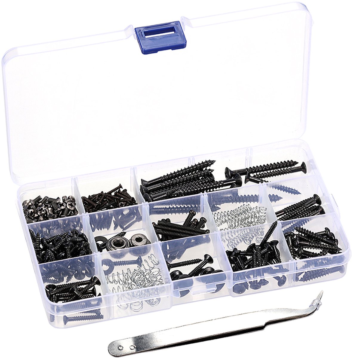 QTTVBTNA – 265 Delige Gitaar Schroeven Set – 9 Soorten Gitaar Onderdelen met Veren en Pincet – Bevestigingsset voor Brug, Pickup, Pickguard, Tuner – Incl. Pincet – Zwart