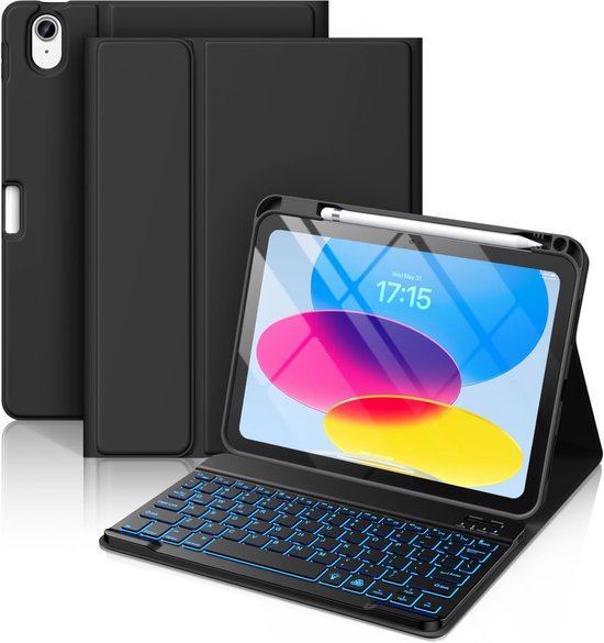 Zwarte iPad hoes met QWERTY toetsenbord en stylus. Tablet met gekleurde achtergrond.