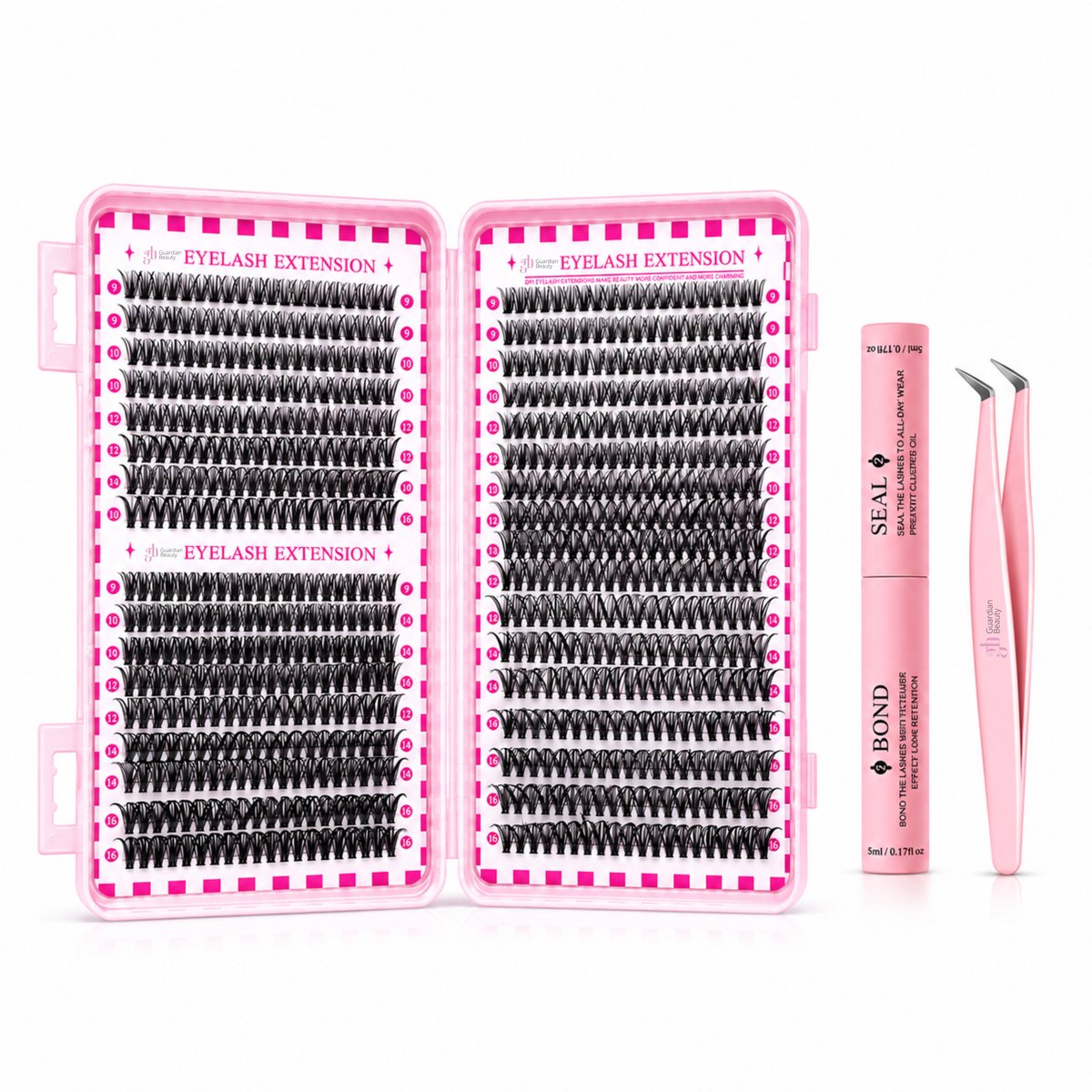 Guardian Beauty Wimper Extensions Set - DIY Cluster Wimpers 40D Mix - Bond & Seal Wimperlijm 10ml - Dubbelkoppig - Inclusief Roze Pincet