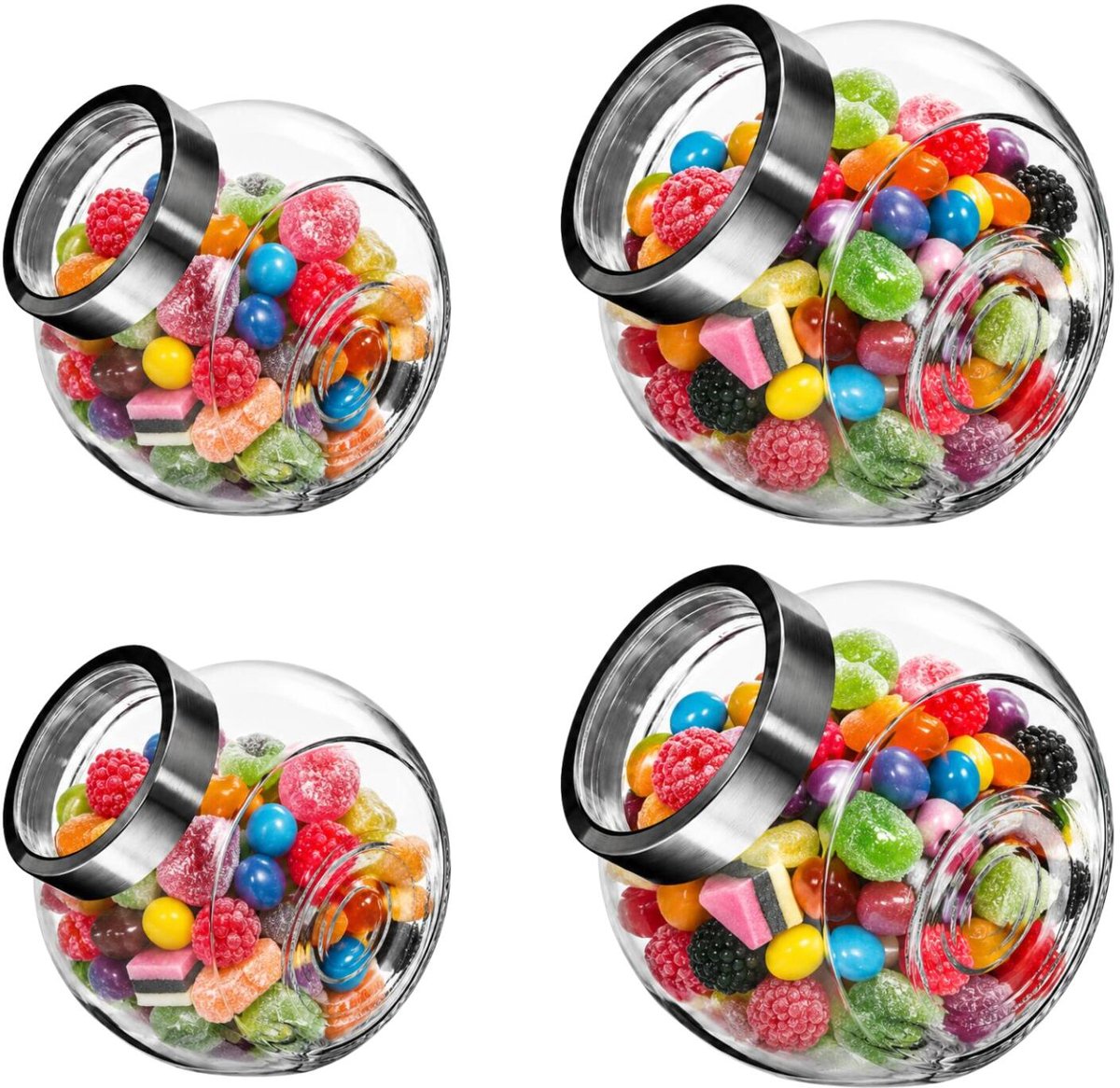 Voorraadpotten - 4x - 16 en 19 cm - 1,4L - glas - snoeppot - met deksel