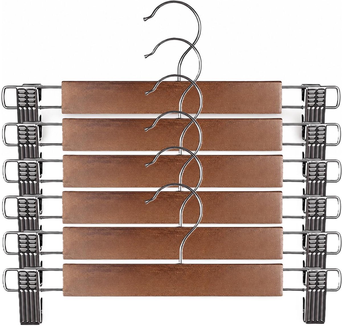 CM Broeken / rokken kledinghangers - 12x stuks - donker hout - 33 cm - met klemmen - Kledingkast hangers - kleerhangers - broekhangers