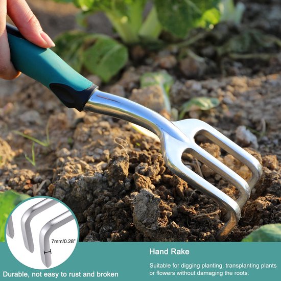 3-delige tuingereedschapsset, tuingereedschapsset van roestvrij staal, tuingereedschap, handtrommel, plantentroffel, hark van Merkloos	 — afbeelding 3