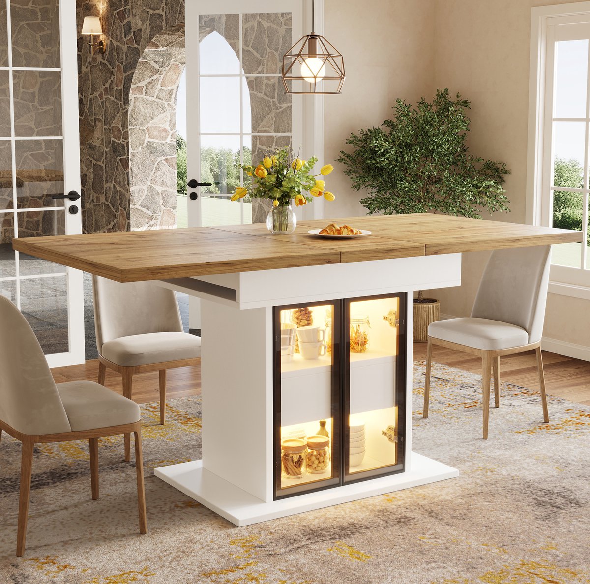 HAUSS SPOLE Eettafel - Uitschuifbaar Met Opbergruimte En Ledverlichting - Voor Keuken En Eethoek - MDF En Metaal - 110-140x80x77,9 Cm - Wit