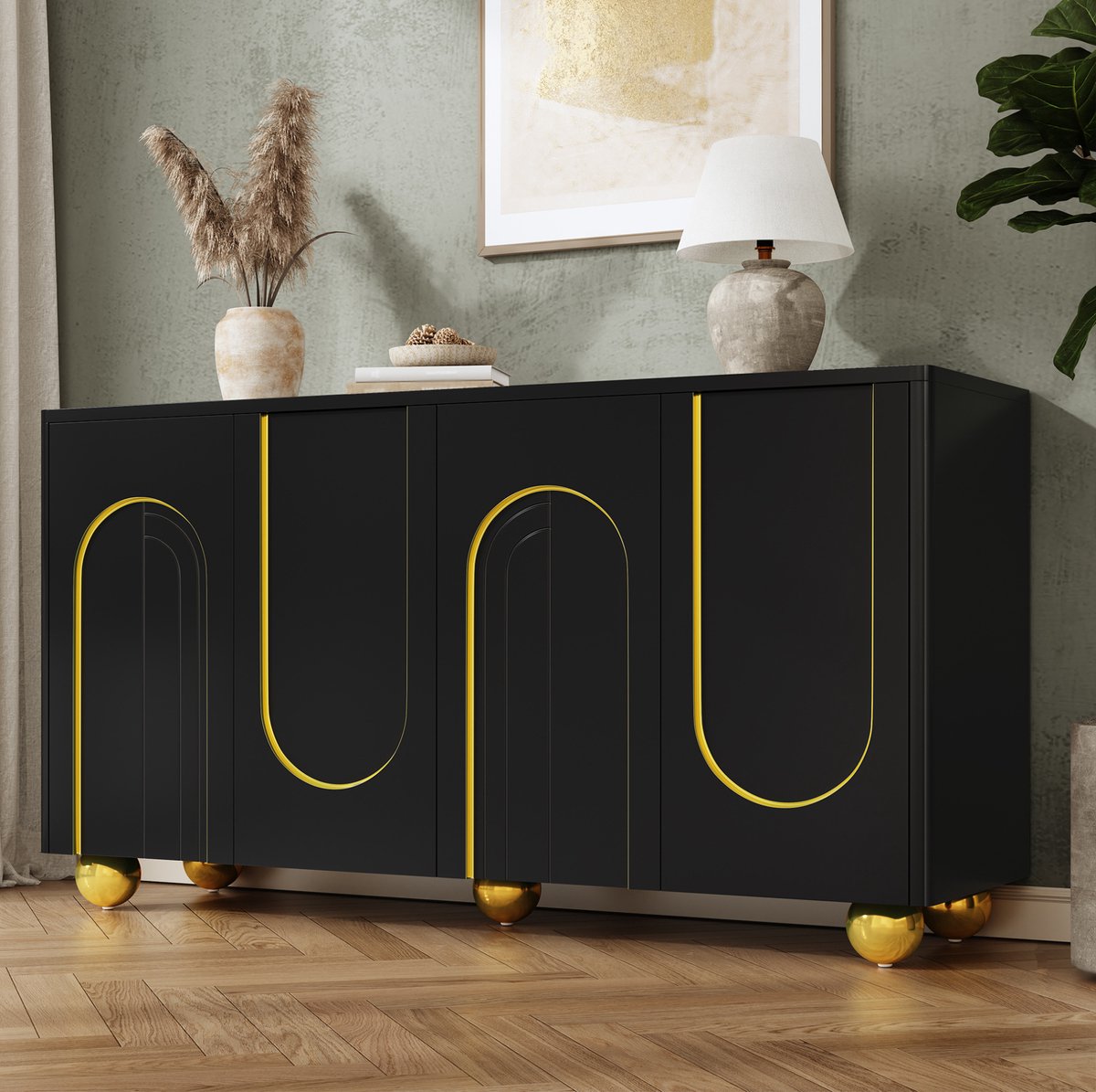 HAUSS SPOLE Dressoir - Vierdeurs Opbergkast Met Gouden Boogdecor - Voor Woonkamer Hal En Eetkamer - MDF En Spaanplaat - 140x40x74 Cm - Zwart