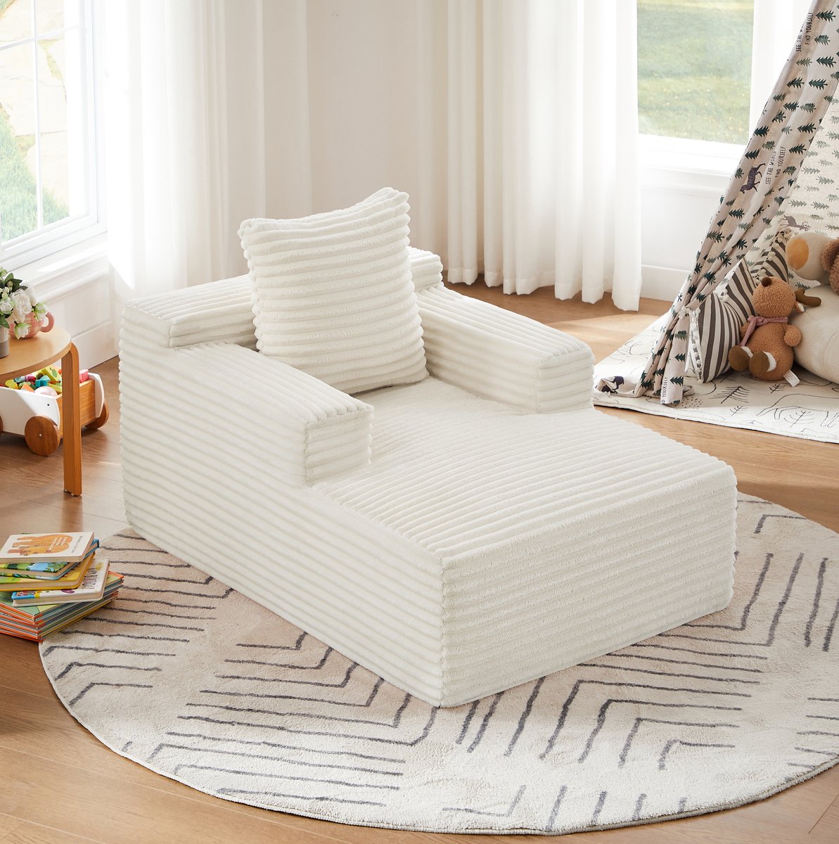 MIVRAY Chaise Longue 117 x 81 x 50 cm - Comfortabele 1-Zits Relaxstoel En Slaapsofa Voor Woonkamer Of Kantoor - Ribstof Beige