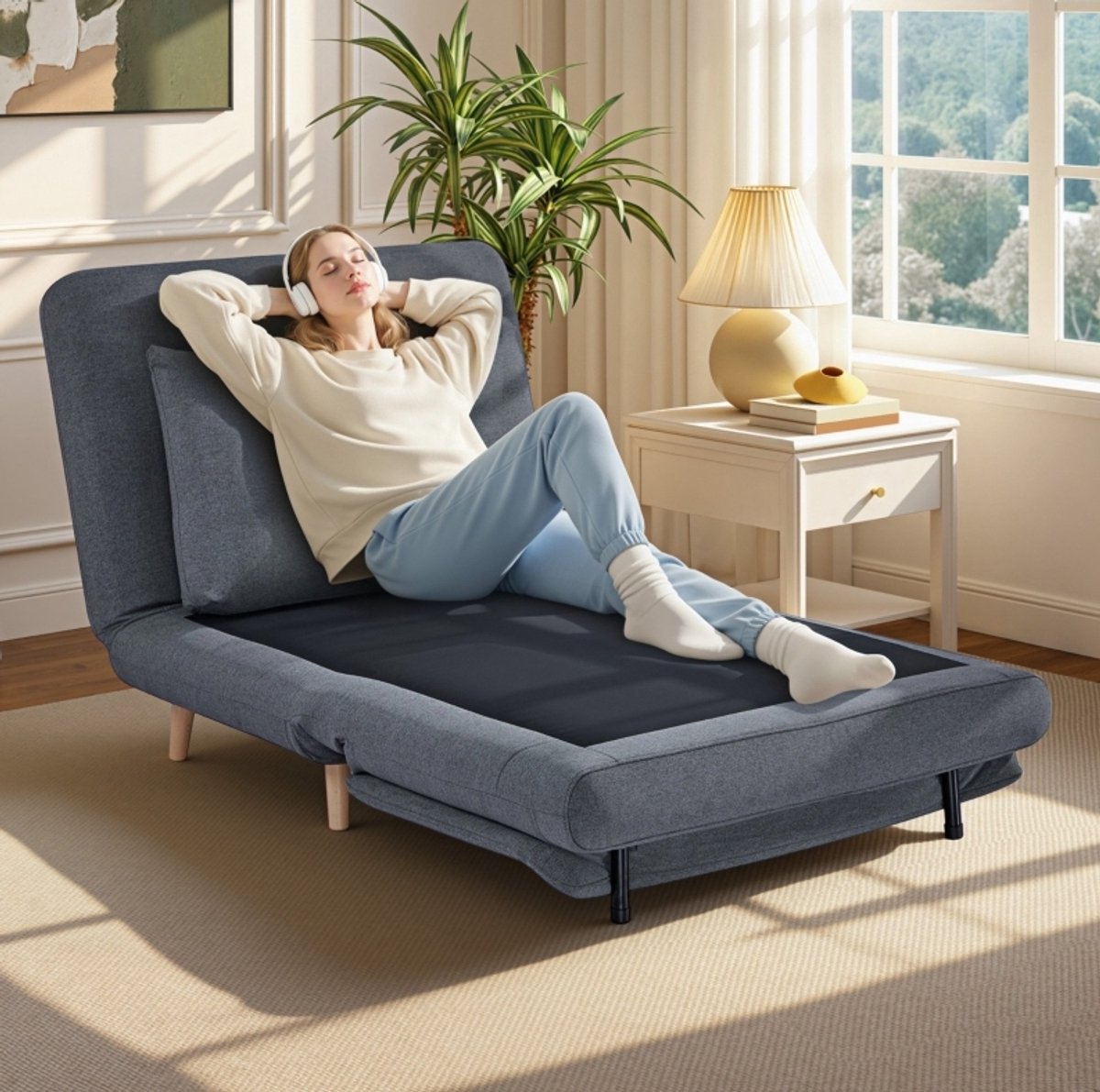 MIVRAY Fauteuil 95 x 90 x 80 cm - 3-in-1 Slaapstoel Met Bedfunctie En Verstelbare Rugleuning - Voor Logeerkamer Of Werkkamer - Polyester Grijs