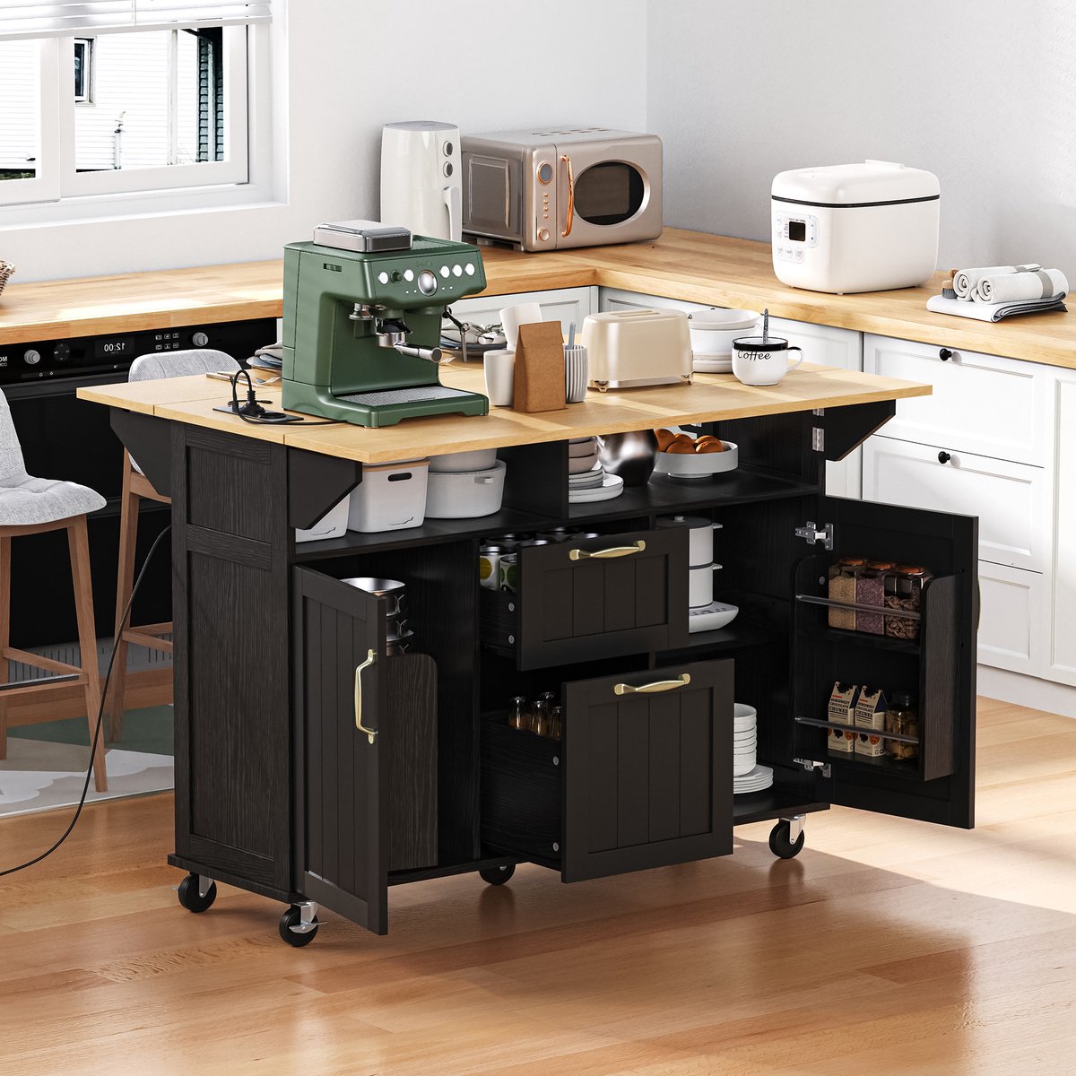 Intebiki - keukenkast - draagbaar - dressoir op wielen - w oorzien van een multifunctionele lade en een handdoekrek - verrijdbaar keukeneiland - uitschuifbare eettafel - met stekkerdoos- geschikt voor keukens en eetkamers - zwart