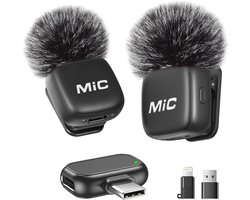 Draadloze dasspeldmicrofoon geschikt voor iPhone, iPad en Android-telefoons. Set van 2 mini-microfoons met ruisonderdrukking, automatische koppeling, mute-functie en reverb, geschikt voor vloggen, video-opnames, TikTok en YouTube