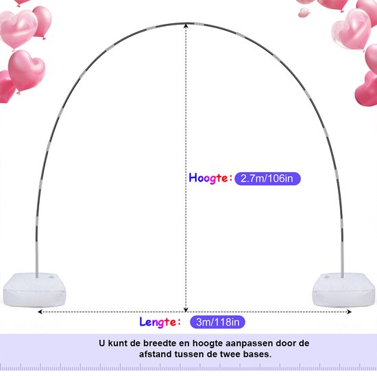 Een ballonboogframe met afmetingen van 3m lengte en 2,7m hoogte.