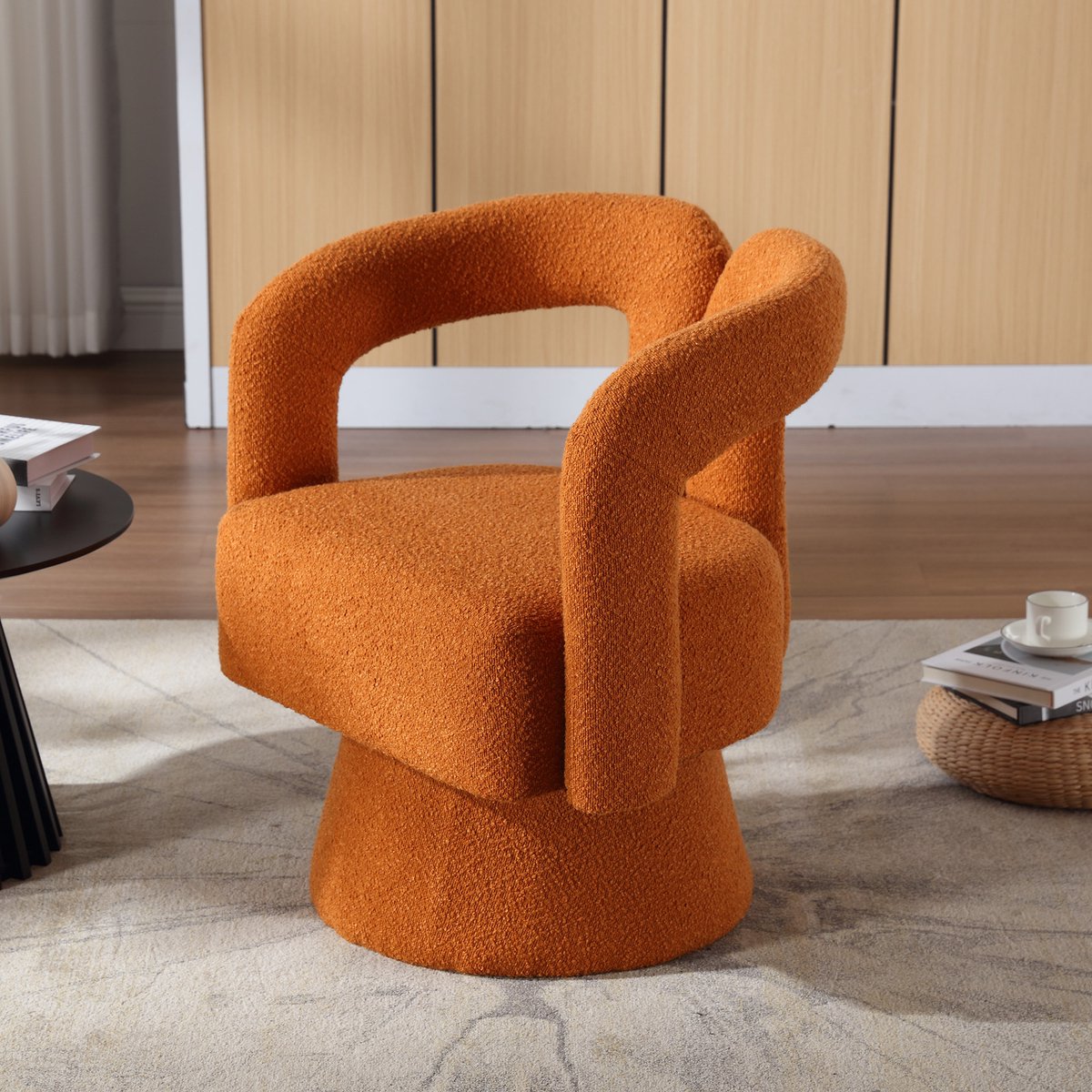 DESMIU Fauteuil 67 X 55 X 74 Cm - 360 Graden Draaibaar Met Brede Polstering - Voor Woonkamer En Slaapkamer - Bouclé Stof - Oranje