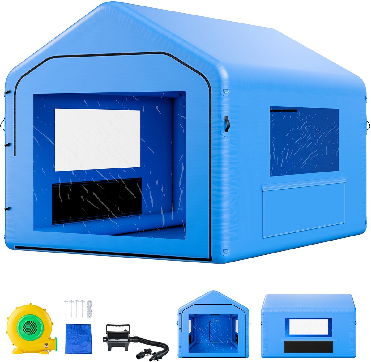 Opblaasbare Spuitcabine 4 X 3 X 2,8 m, Spuittent met 750 W Ventilator en Luchtfiltersysteem, Driehoekig Dakontwerp, PVC-Materiaal, Geschikt voor Spuitlakken van Metalen Voertuigonderdelen