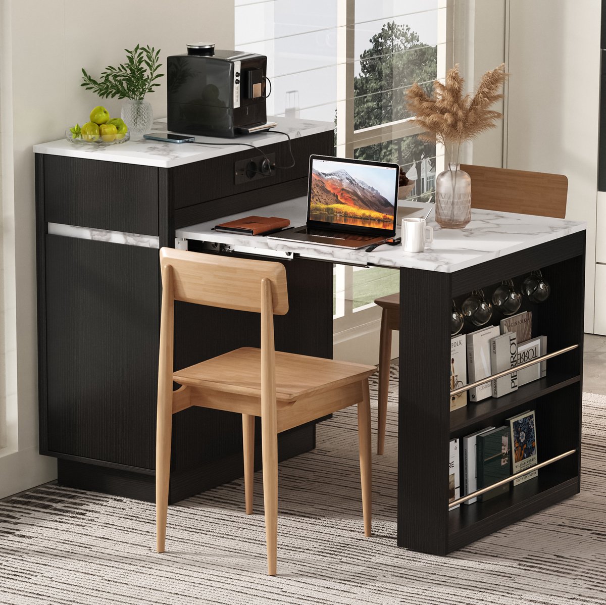 Wishdor - Eettafel - Uitschuifbaar keukeneiland met opbergruimte, LED en stopcontact - Modern - Keuken en eetkamer - Houtlook - Zwart - 58-154 x 80,5 x 94 cm