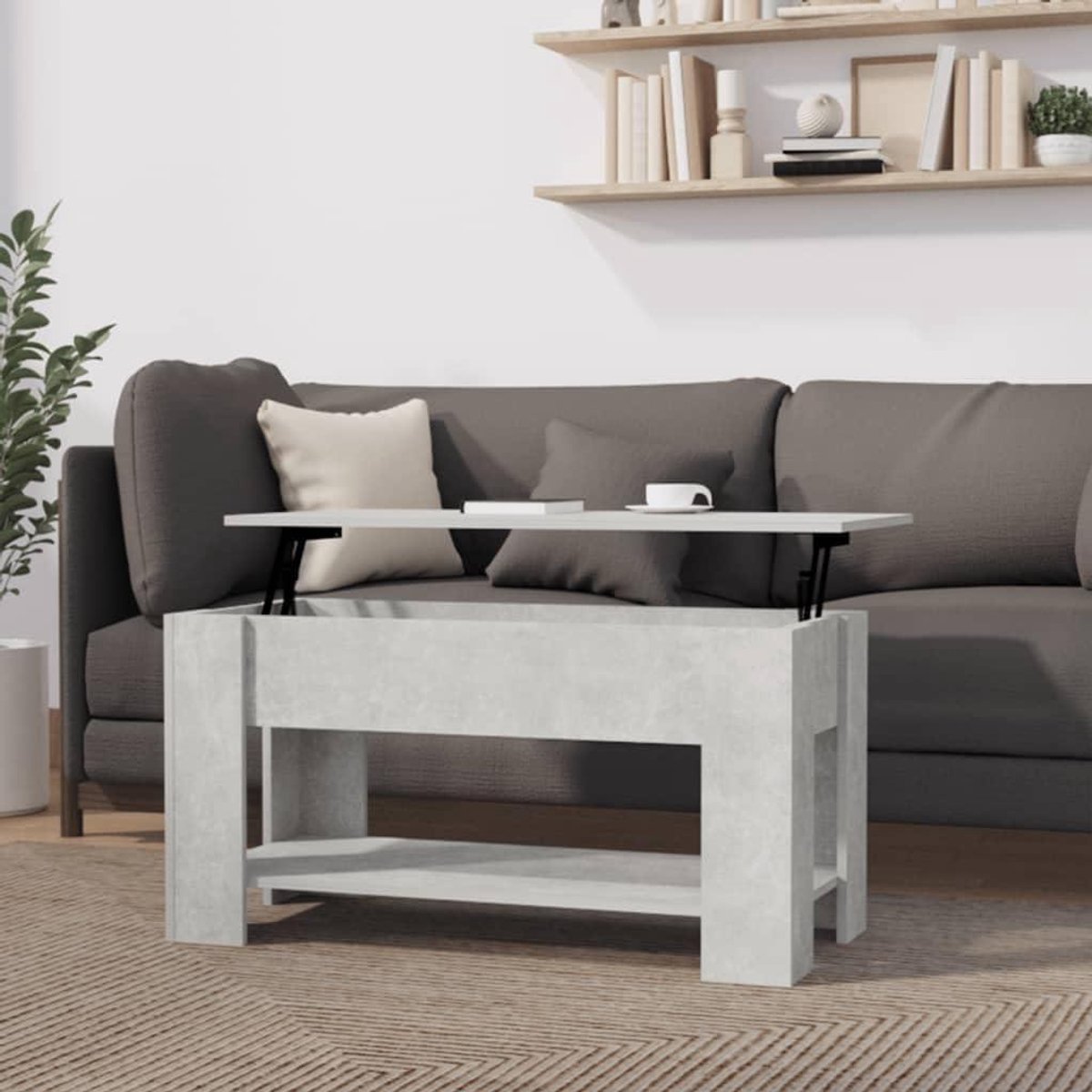Salontafel Beton Grijs - Koffietafel bijzettafel - Opbergen en werken - Lift-top design - 101x49x52 cm - Beton grijs