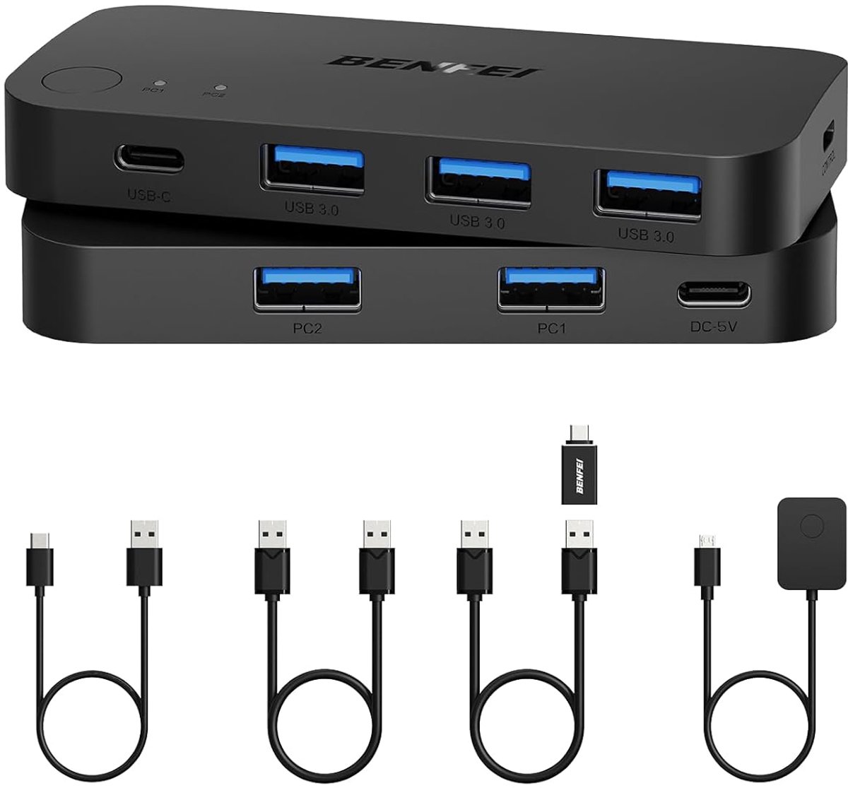 BENFEI USB 3.0 Switch - KVM-Switch - 2 Computers Delen 1 x USB C-poort en 3 x USB A-poorten - Zwart