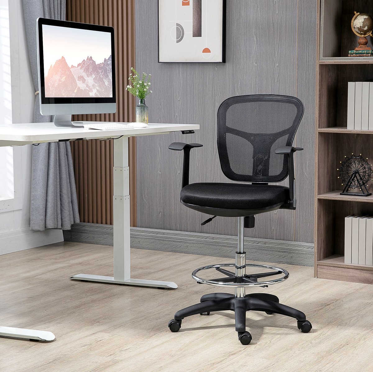 DESMIU Bureaustoel 59 x 59 x 95-115 cm - Ergonomisch Met Verstelbare Zithoogte En Voetring - Voor Kantoor En Thuiswerk - Gaasstof Zwart