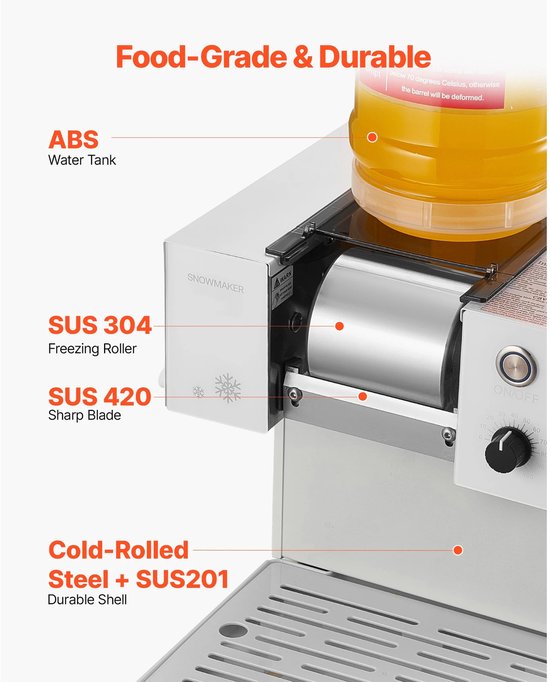 Velori IJsmachine 80 kg/24u - Elektrische Ice Shaver - Snow Ice Maker - Sneeuwijsmachine - Instelbare Snelheid - RVS Mes - Snelle Voorkoeling — afbeelding 3