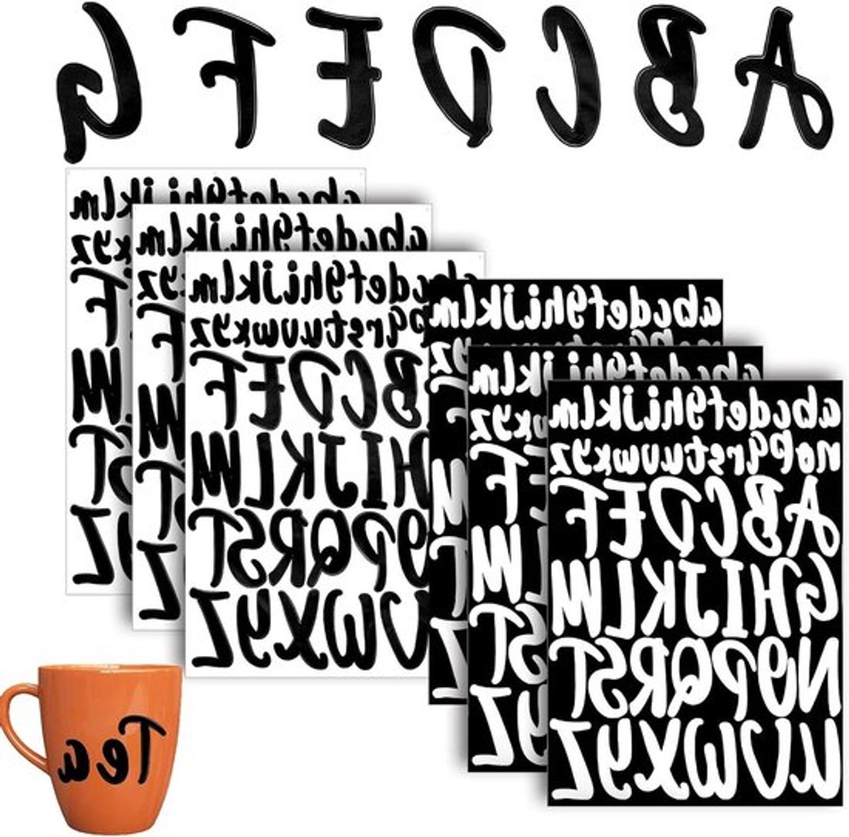 Zelfklevende vinyl letterstickers - 6 vellen van 25 cm x 5 cm - zwart en wit - waterdicht - knutselen, borden, plakboeken
