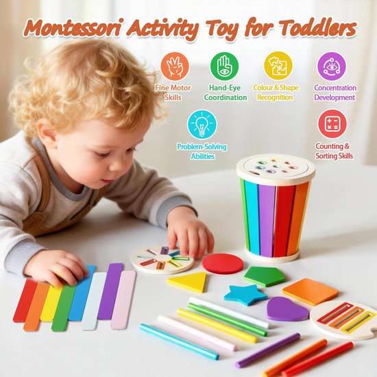 Montessori speelgoed vanaf 1 jaar, kinderspeelgoed om te leren kleuren, sorteerspel, steekspel, educatief spel vanaf 2 jaar, houten speelgoed, baby, motoriekspeelgoed, cadeau voor meisjes en — afbeelding 3