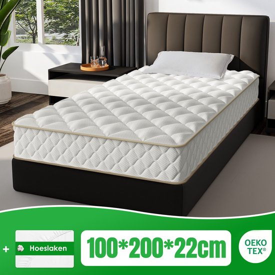 Aiidoits Matras 100x200 cm - Pocketvering Matras 22cm Dik - 7 zones - OEKO-TEX Gecertificeerd - Anti-Allergische - Orthopedisch Eenpersoonsmatrassen - H3/H4 Medium Hard - 10 Lagen Hoogwaardige Materialen - Voor Kinderen en Volwassenen