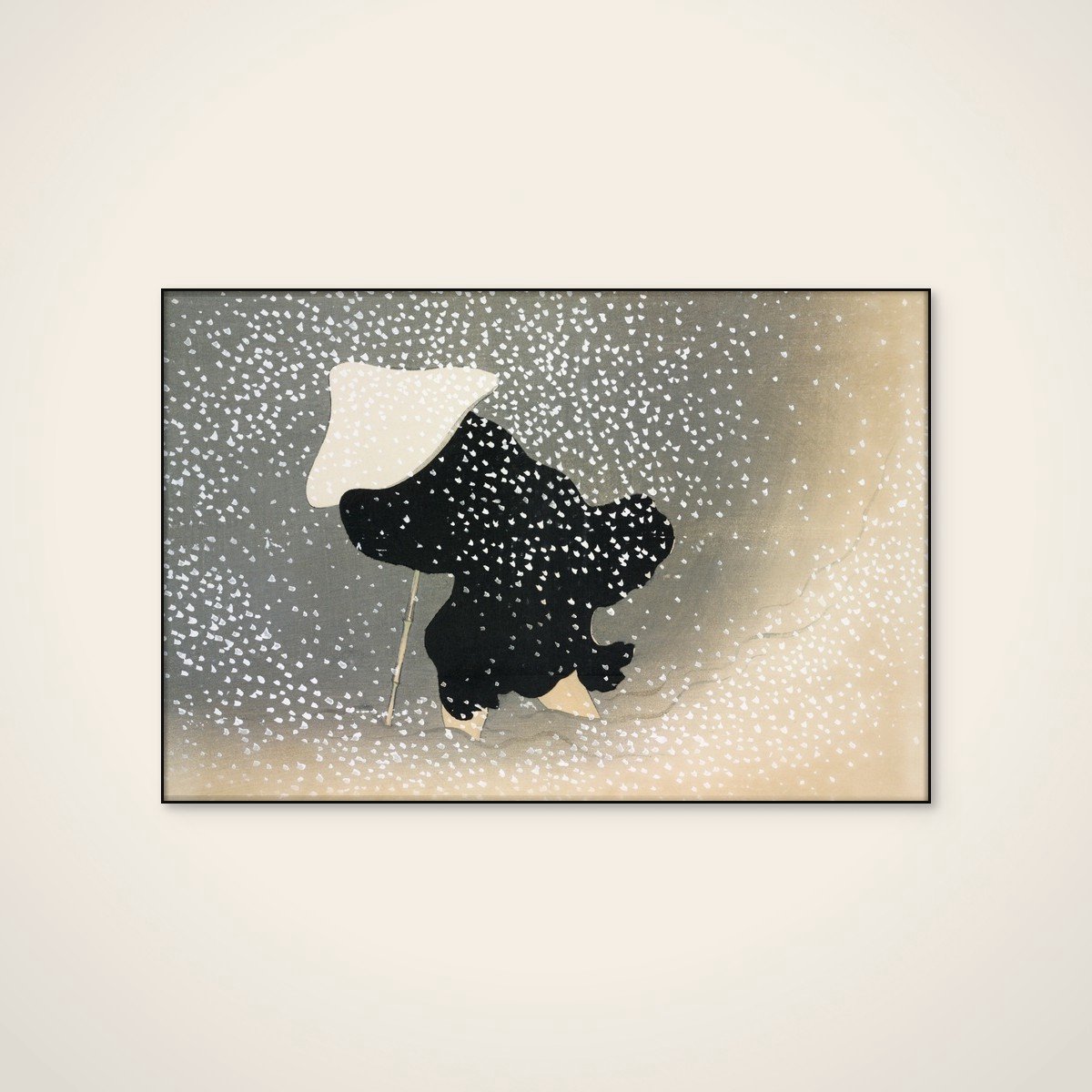 Akoestisch schilderij - 90 x 60 cm - Snow from Momoyogusa van Kamisaka Sekka - Abstracte wanddecoratie - zwart textielframe