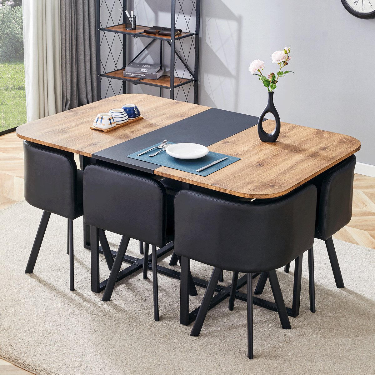 OKWISH Eettafelset - Uittrekbare Tafel Voor 4-6 Personen - 6 Stoelen Ruimtebesparend - Moderne Stijl - MDF Metaal Zwart Natuurhout - 150x100x79 cm