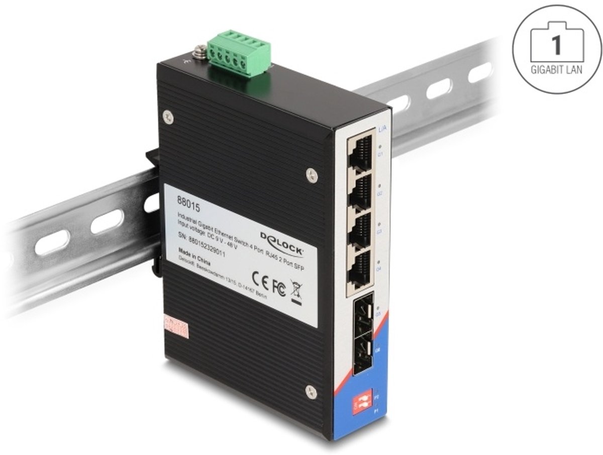 Delock Industrial Gigabit Ethernet Switch 4 Port RJ45 2 Port SFP for DIN rail