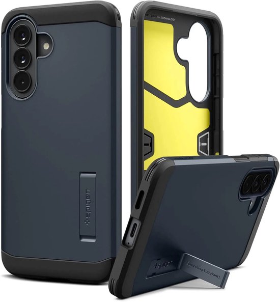 Donkergrijs Spigen Tough Armor telefoonhoesje met zwarte randen en een uitklapbare standaard.